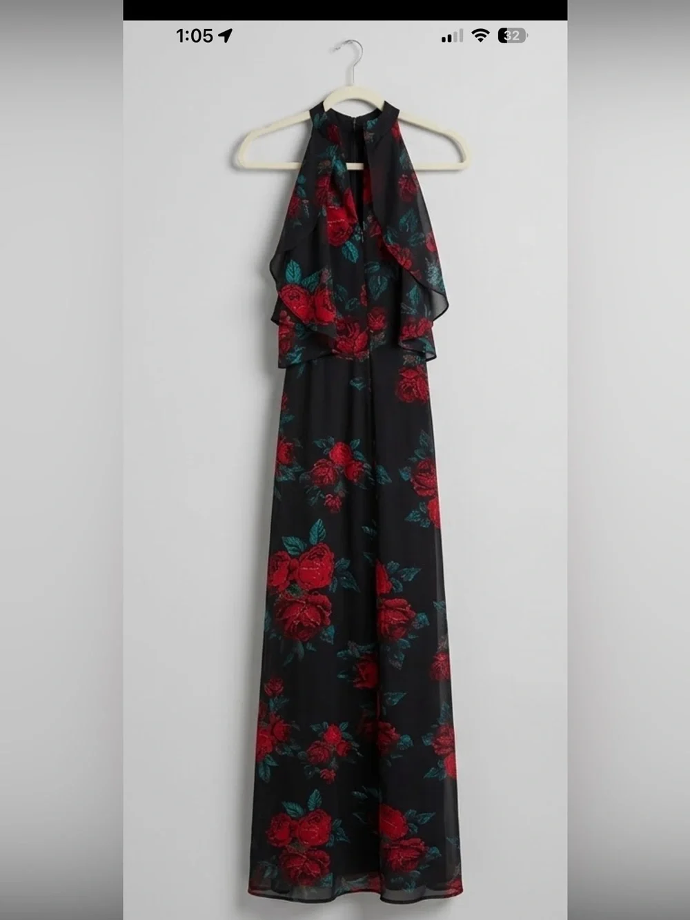 Lovers + Friends Floral Halter Maxi Gown – Size 2 (Red & Black Rose Print)